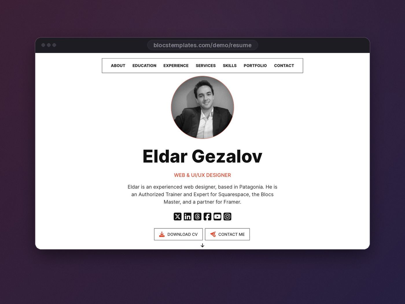 Resume template for Blocs website builder