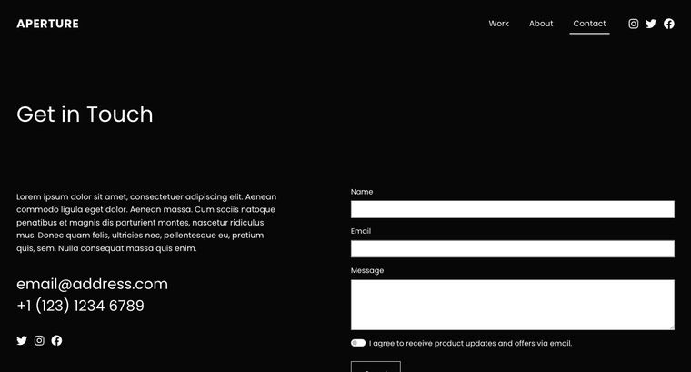 Aperture template — Contact page