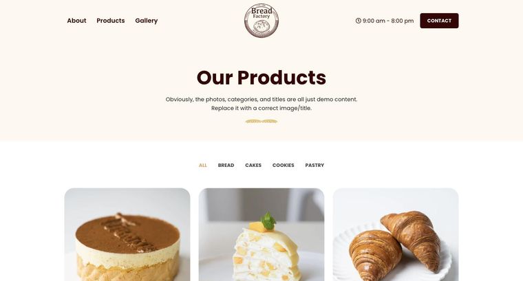 Bakery template — Products page