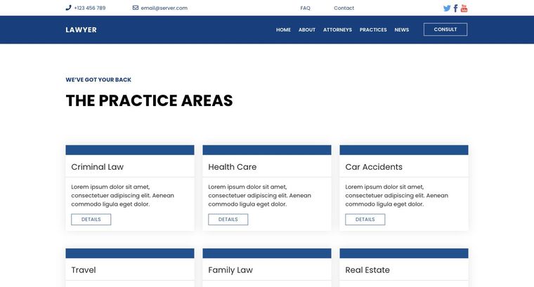 Lawyer template — Practices page